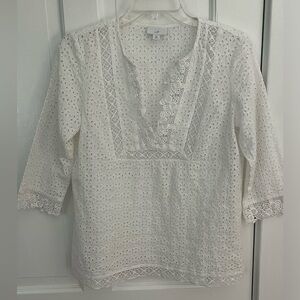 J. Jill 100% Cotton White Eyelet 3/4 Sleeve Tunic PXS Cottagecore Grannycore